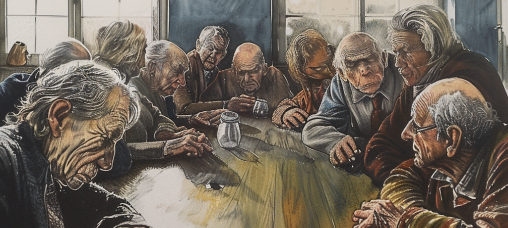 Gamle mennesker sidder frustreret om et stort bord.